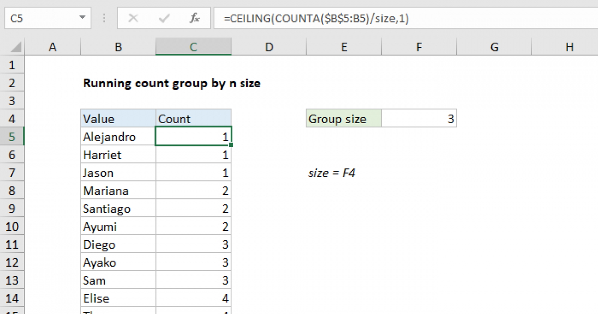 Running count group by n size Excel formula Exceljet